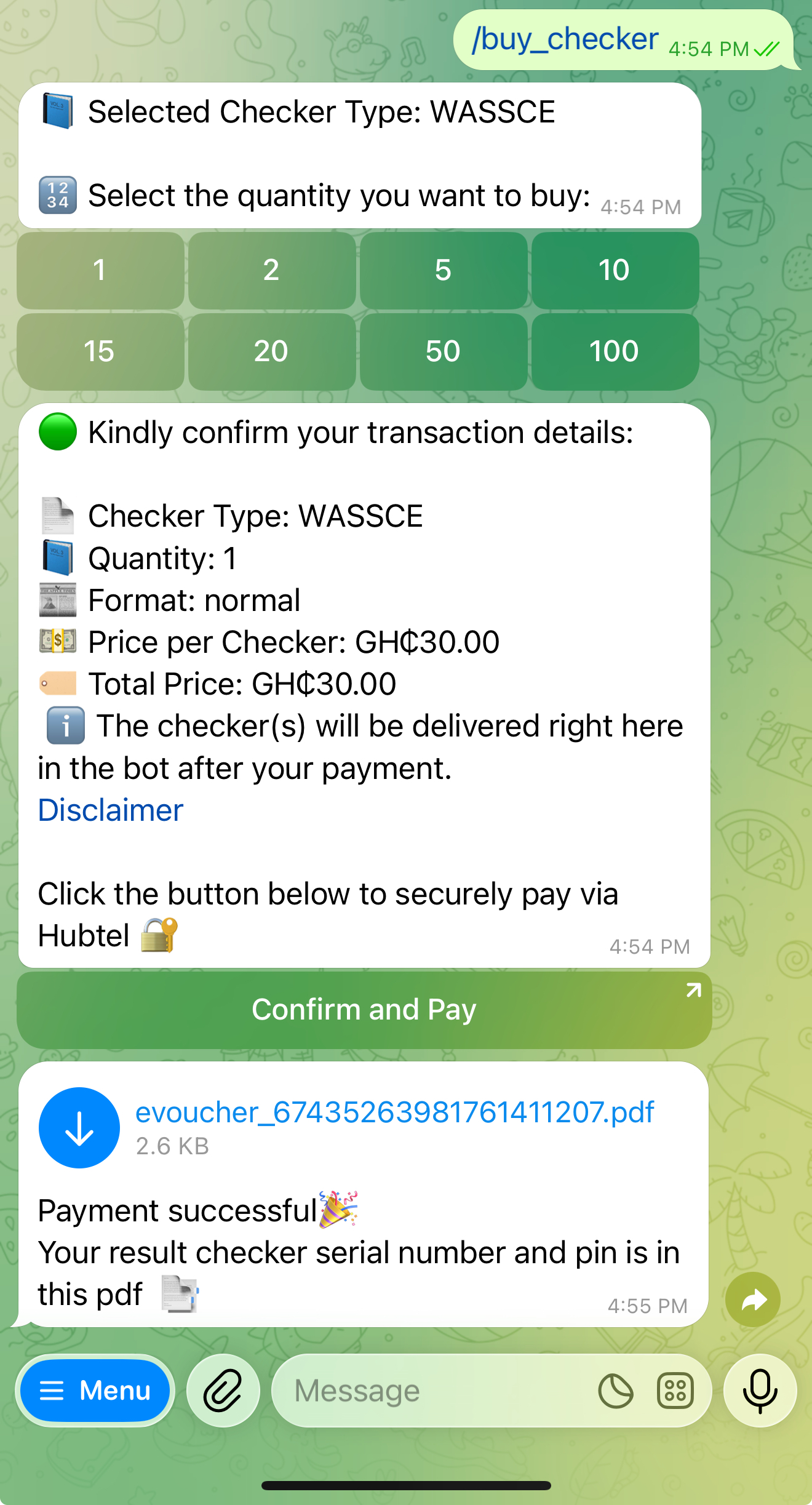 Sample voucher delivery in the Edupalbot Telegram bot chat