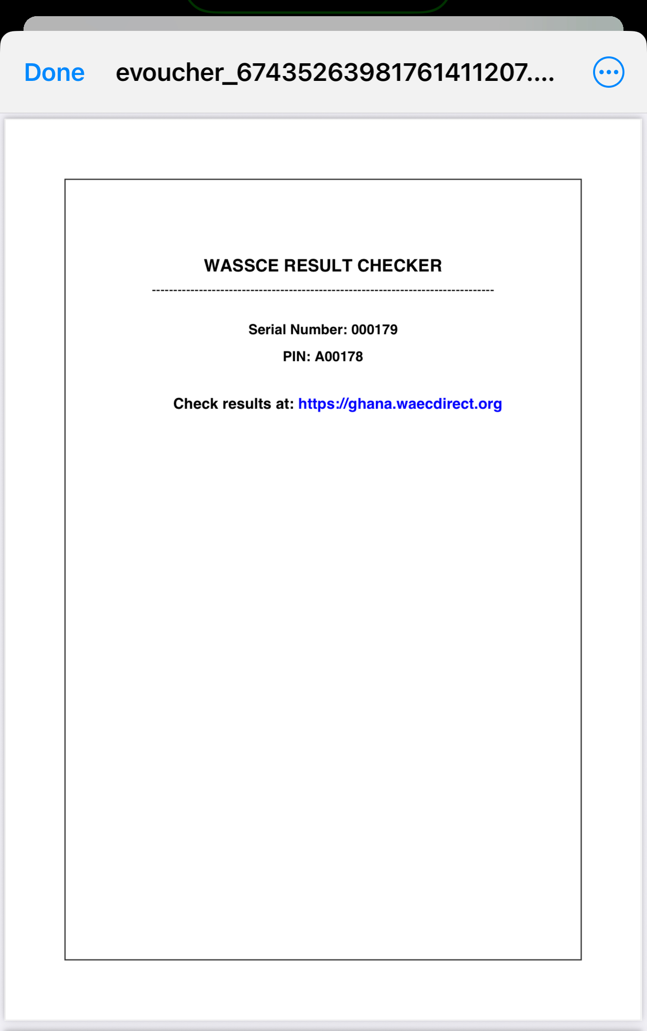 Sample voucher PDF showing WASSCE result checker serial number and PIN