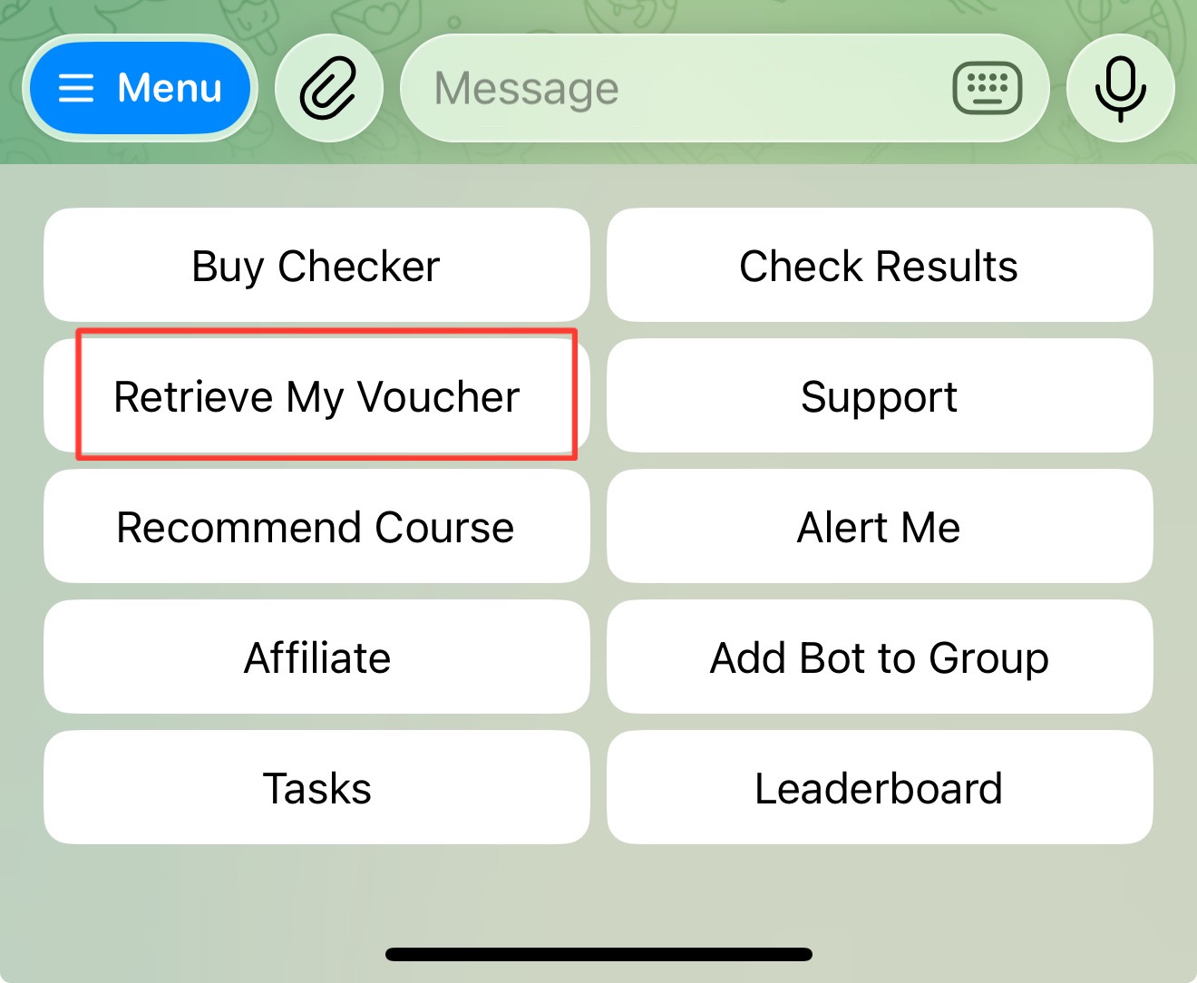 Telegram bot menu showing Retrieve My Voucher button
