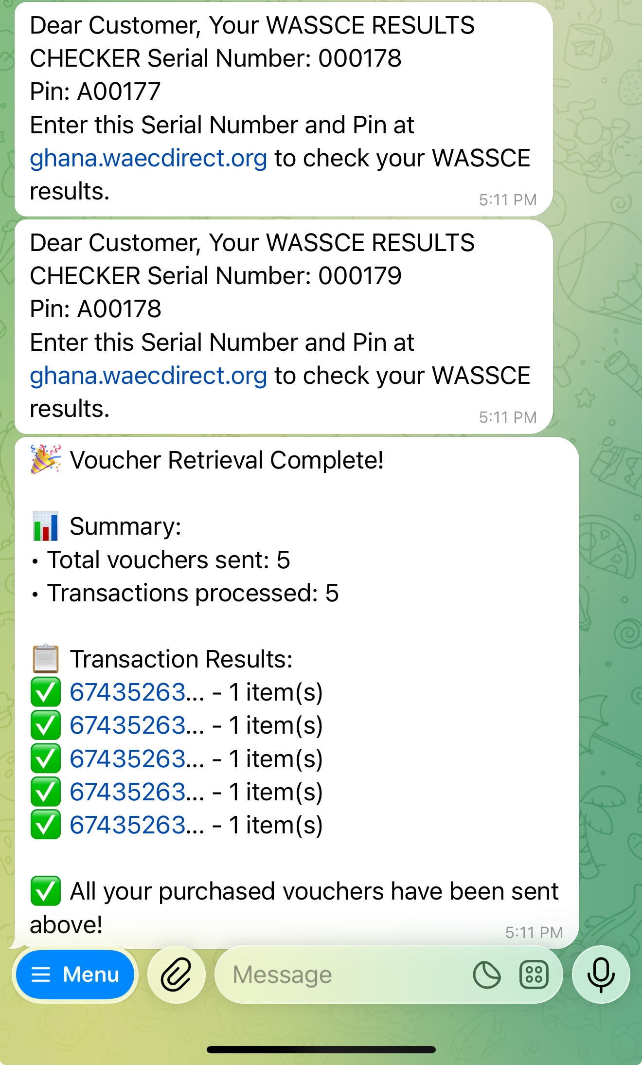 Telegram bot showing loaded vouchers with serial numbers and PINs