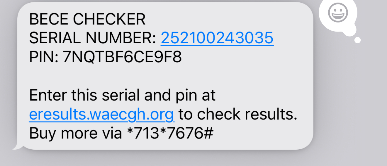 Sample voucher SMS from Darbitech showing BECE checker serial number and PIN