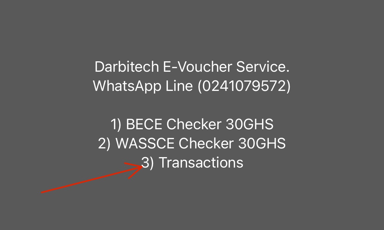 USSD menu showing Darbitech options including Transactions