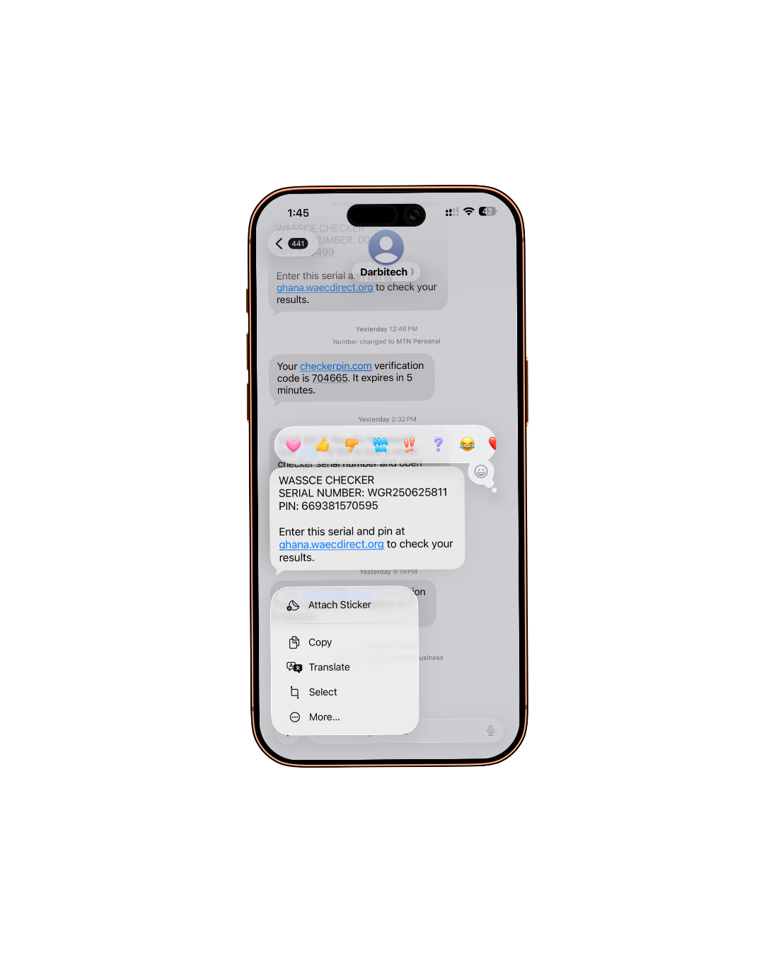 Phone showing a WhatsApp message with a WASSCE serial number and PIN