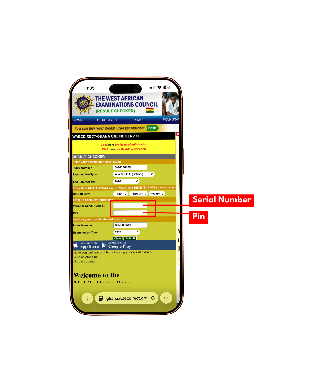 ghana.waecdirect.org screen showing where to enter the WASSCE voucher serial number and PIN